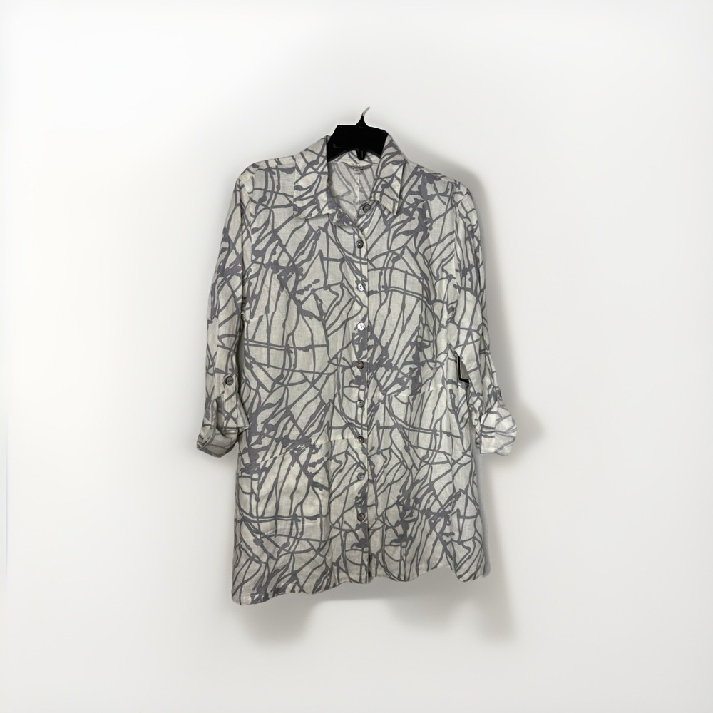 John Mark Gray & White Linen Abstract Collared Artsy Tunic Blouse Lg Lagenlook